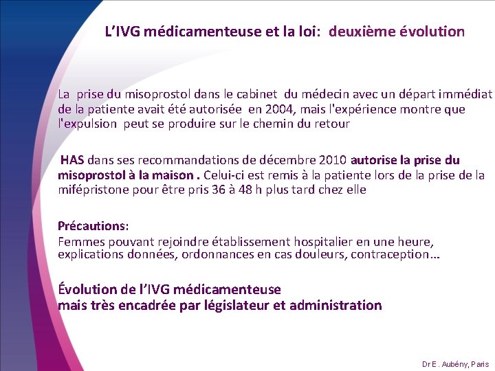 L’IVG médicamenteuse et la loi: deuxième évolution La prise du misoprostol dans le cabinet