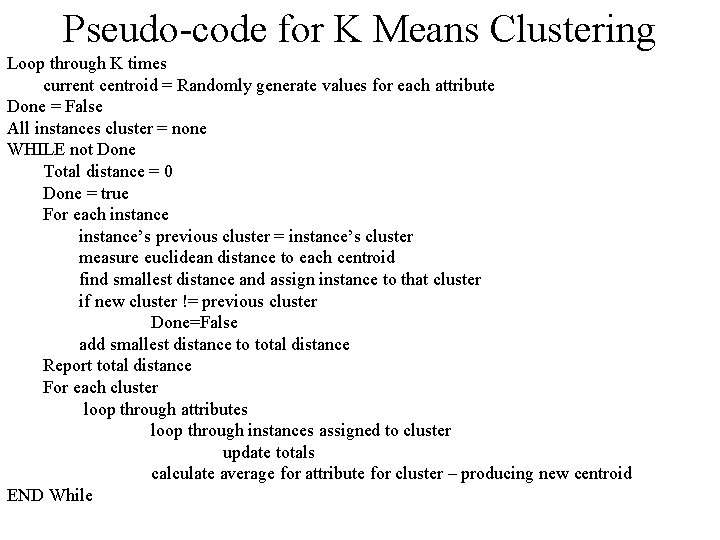 Pseudo-code for K Means Clustering Loop through K times current centroid = Randomly generate