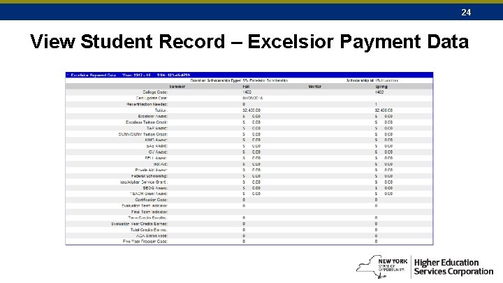 24 View Student Record – Excelsior Payment Data 