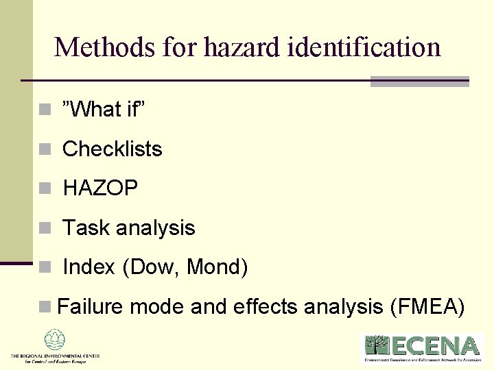 Methods for hazard identification n ”What if” n Checklists n HAZOP n Task analysis Methods for hazard identification n ”What if” n Checklists n HAZOP n Task analysis
