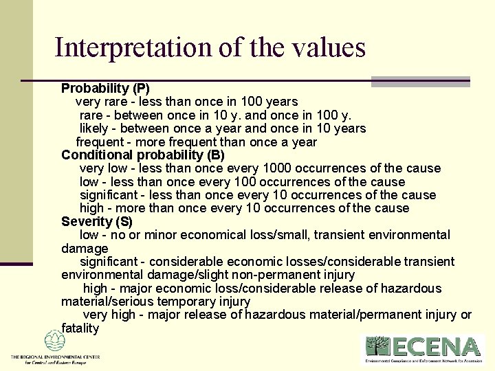 Interpretation of the values Probability (P) very rare - less than once in 100 Interpretation of the values Probability (P) very rare - less than once in 100
