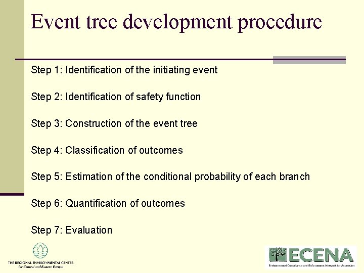 Event tree development procedure Step 1: Identification of the initiating event Step 2: Identification Event tree development procedure Step 1: Identification of the initiating event Step 2: Identification