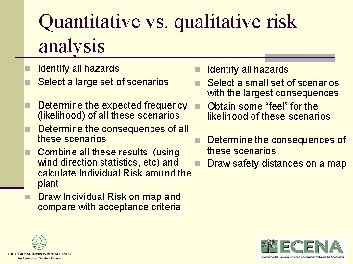 Quantitative vs. qualitative risk analysis n Identify all hazards n Select a large set Quantitative vs. qualitative risk analysis n Identify all hazards n Select a large set