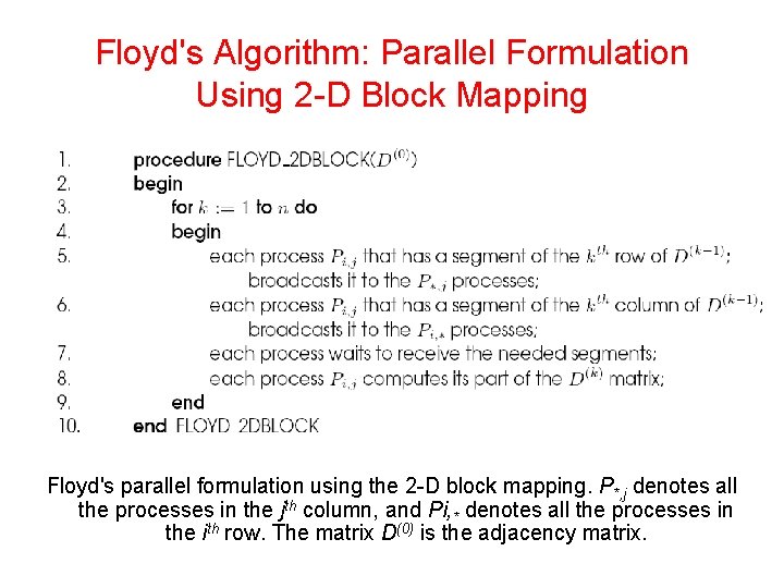 Floyd's Algorithm: Parallel Formulation Using 2 -D Block Mapping Floyd's parallel formulation using the