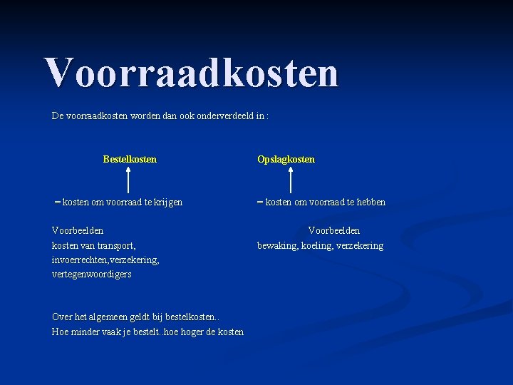 Voorraadkosten De voorraadkosten worden dan ook onderverdeeld in : Bestelkosten Opslagkosten = kosten om