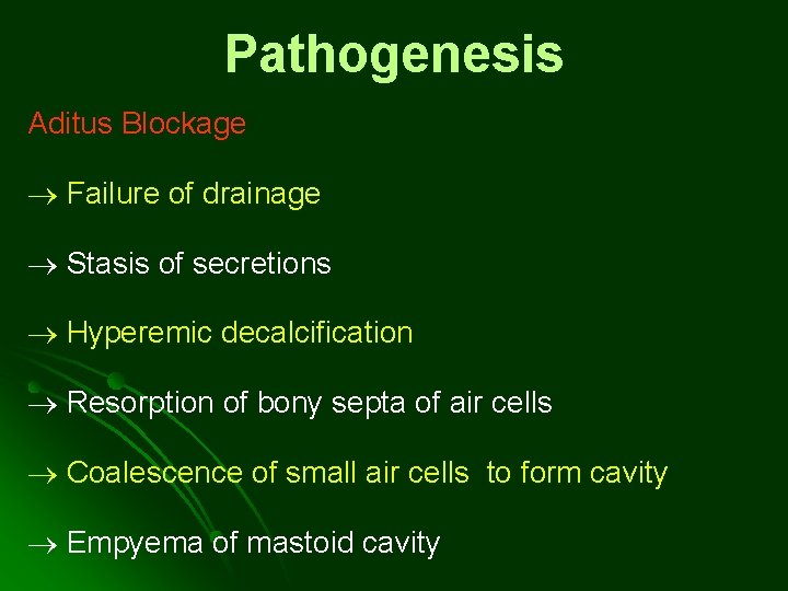 Pathogenesis Aditus Blockage Failure of drainage Stasis of secretions Hyperemic decalcification Resorption of bony Pathogenesis Aditus Blockage Failure of drainage Stasis of secretions Hyperemic decalcification Resorption of bony