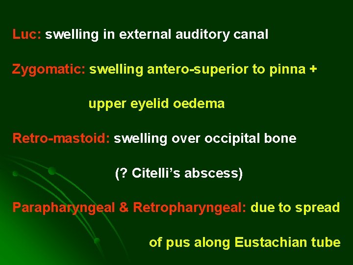 Luc: swelling in external auditory canal Zygomatic: swelling antero-superior to pinna + upper eyelid Luc: swelling in external auditory canal Zygomatic: swelling antero-superior to pinna + upper eyelid