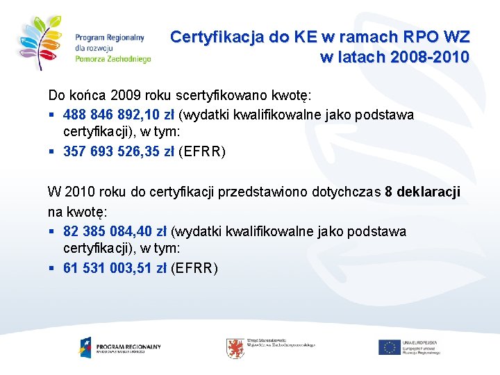 Certyfikacja do KE w ramach RPO WZ w latach 2008 -2010 Do końca 2009