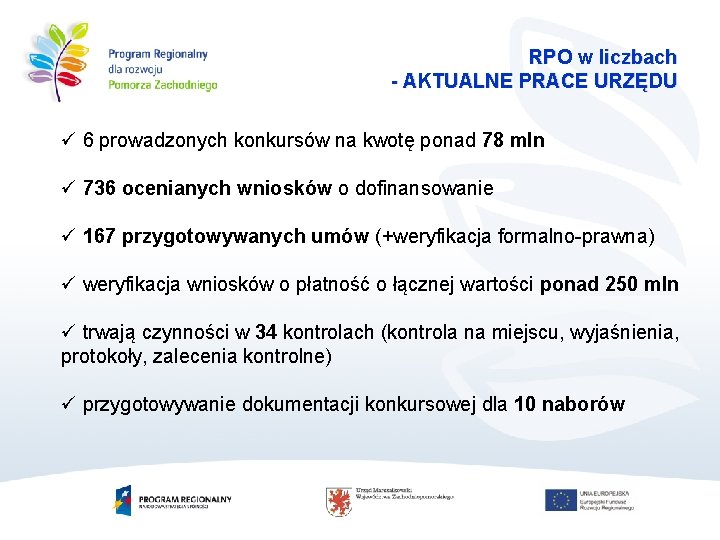 RPO w liczbach - AKTUALNE PRACE URZĘDU ü 6 prowadzonych konkursów na kwotę ponad