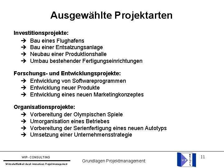 Ausgewählte Projektarten Investitionsprojekte: Bau eines Flughafens Bau einer Entsalzungsanlage Neubau einer Produktionshalle Umbau bestehender