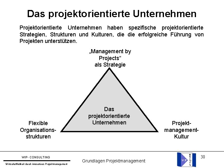 Das projektorientierte Unternehmen Projektorientierte Unternehmen haben spezifische projektorientierte Strategien, Strukturen und Kulturen, die erfolgreiche