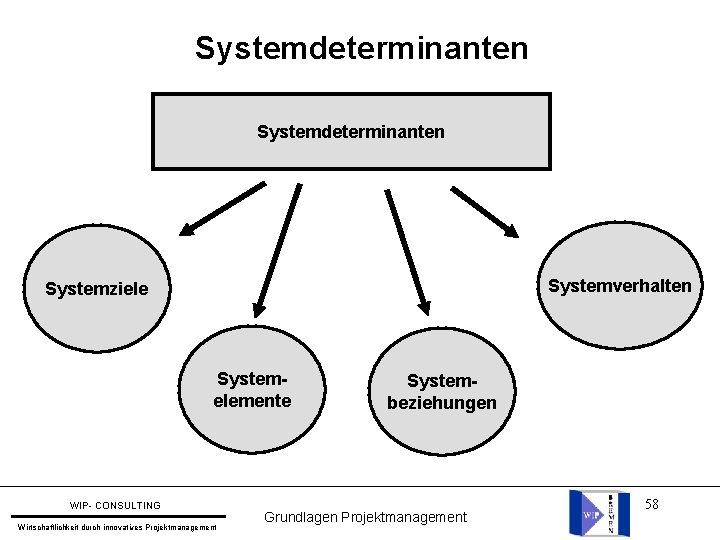 Systemdeterminanten Systemverhalten Systemziele Systemelemente WIP- CONSULTING Wirtschaftlichkeit durch innovatives Projektmanagement Systembeziehungen Grundlagen Projektmanagement 58