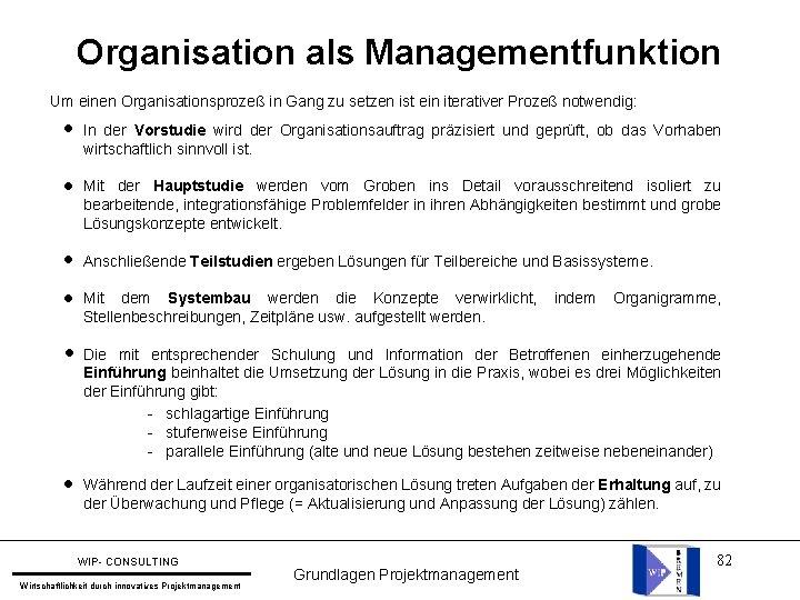 Organisation als Managementfunktion Um einen Organisationsprozeß in Gang zu setzen ist ein iterativer Prozeß