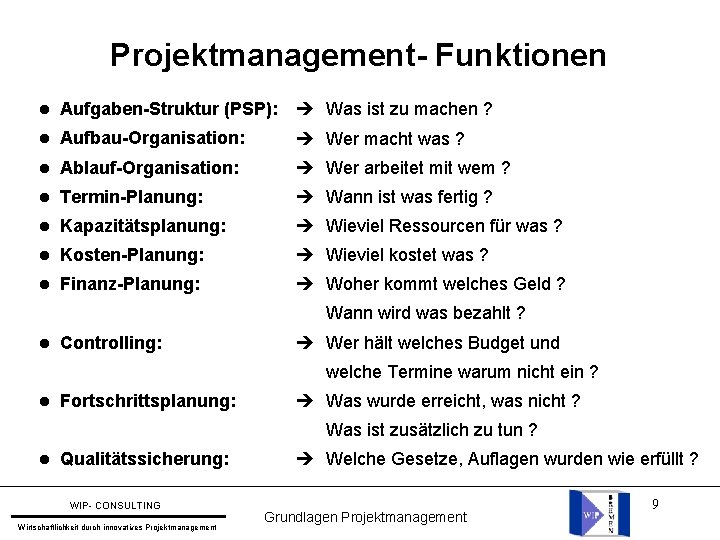 Projektmanagement- Funktionen l Aufgaben-Struktur (PSP): Was ist zu machen ? l Aufbau-Organisation: Wer macht