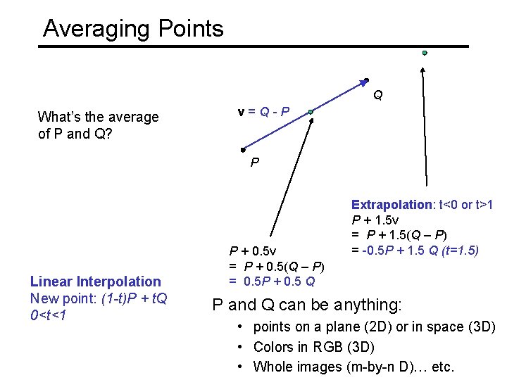 Averaging Points Q What’s the average of P and Q? v=Q-P P Linear Interpolation