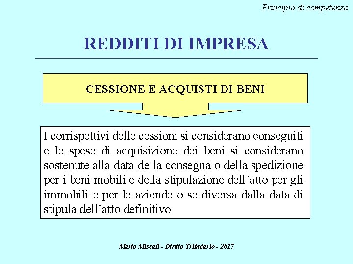 Principio di competenza REDDITI DI IMPRESA ________________________________________________________________________ CESSIONE E ACQUISTI DI BENI I corrispettivi