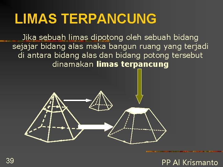 LIMAS TERPANCUNG Jika sebuah limas dipotong oleh sebuah bidang sejajar bidang alas maka bangun