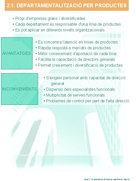 2. 1. DEPARTAMENTALITZACIÓ PER PRODUCTES • Propi d'empreses grans i diversificades • Cada departament