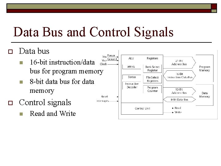 Data Bus and Control Signals o Data bus n n o 16 -bit instruction/data