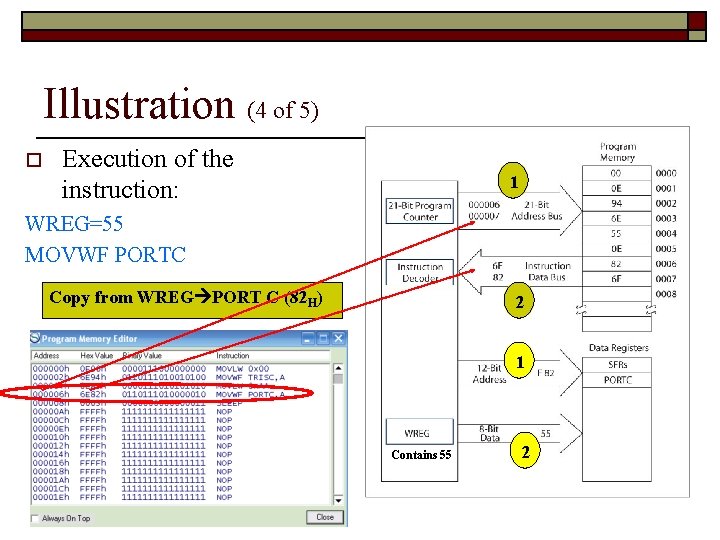 Illustration (4 of 5) o Execution of the instruction: 1 WREG=55 MOVWF PORTC Copy