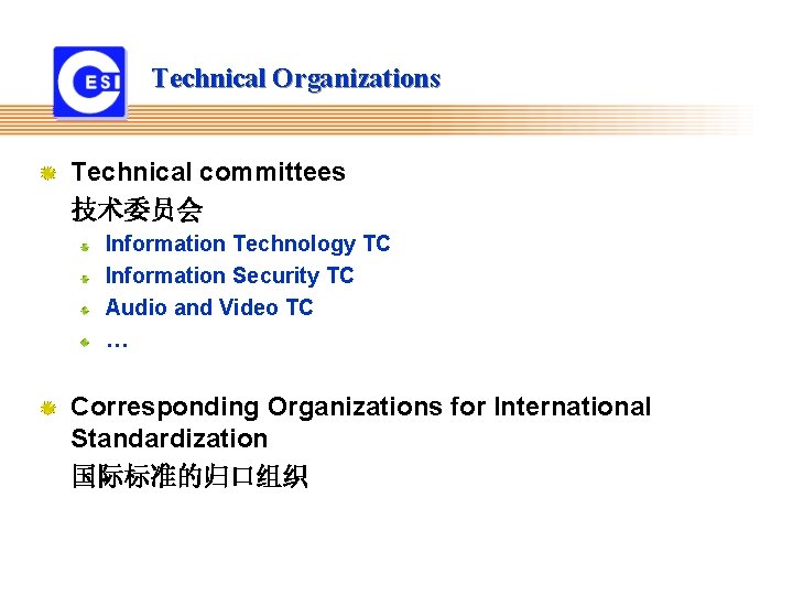 Technical Organizations Technical committees 技术委员会 Information Technology TC Information Security TC Audio and Video Technical Organizations Technical committees 技术委员会 Information Technology TC Information Security TC Audio and Video