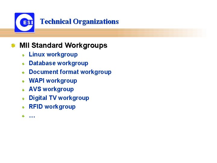 Technical Organizations MII Standard Workgroups Linux workgroup Database workgroup Document format workgroup WAPI workgroup Technical Organizations MII Standard Workgroups Linux workgroup Database workgroup Document format workgroup WAPI workgroup