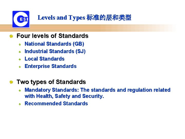 Levels and Types 标准的层和类型 Four levels of Standards National Standards (GB) Industrial Standards (SJ)