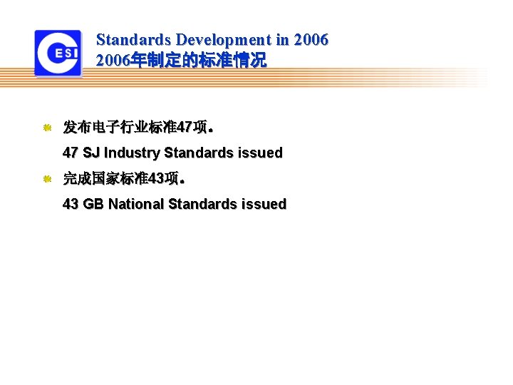 Standards Development in 2006年制定的标准情况 发布电子行业标准47项。 47 SJ Industry Standards issued 完成国家标准43项。 43 GB National