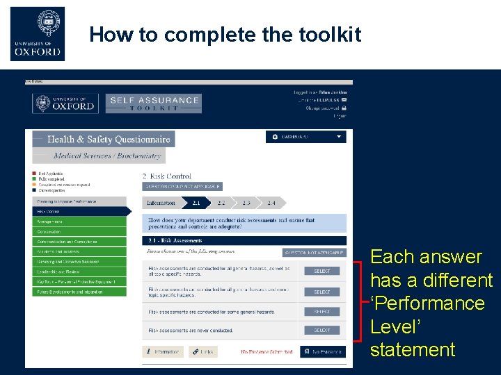 How to complete the toolkit Each answer has a different ‘Performance Level’ statement How to complete the toolkit Each answer has a different ‘Performance Level’ statement