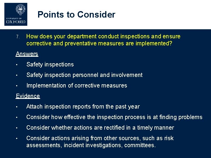 Points to Consider 7. How does your department conduct inspections and ensure corrective and Points to Consider 7. How does your department conduct inspections and ensure corrective and