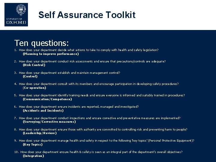 Self Assurance Toolkit Ten questions: 1. How does your department decide what actions to Self Assurance Toolkit Ten questions: 1. How does your department decide what actions to