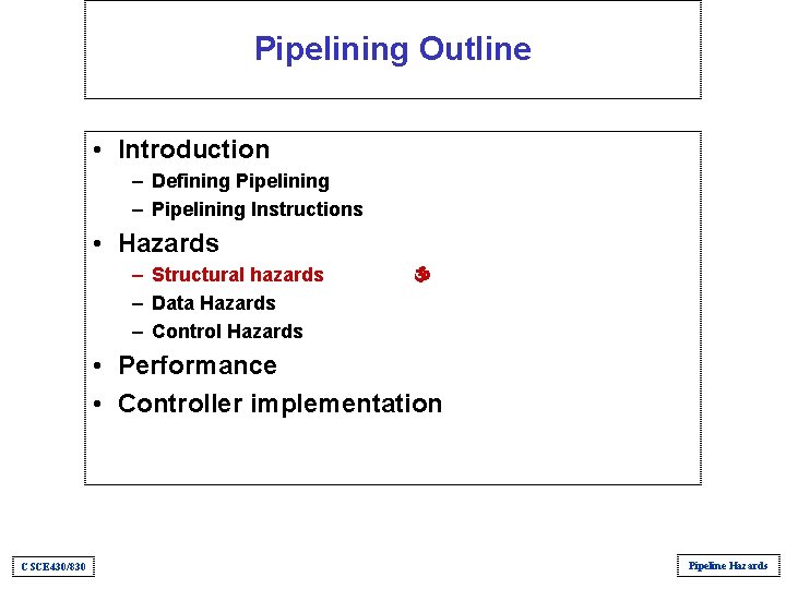 Pipelining Outline • Introduction – Defining Pipelining – Pipelining Instructions • Hazards – Structural Pipelining Outline • Introduction – Defining Pipelining – Pipelining Instructions • Hazards – Structural