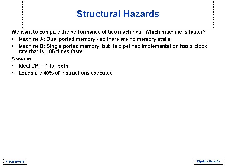 Structural Hazards We want to compare the performance of two machines. Which machine is Structural Hazards We want to compare the performance of two machines. Which machine is