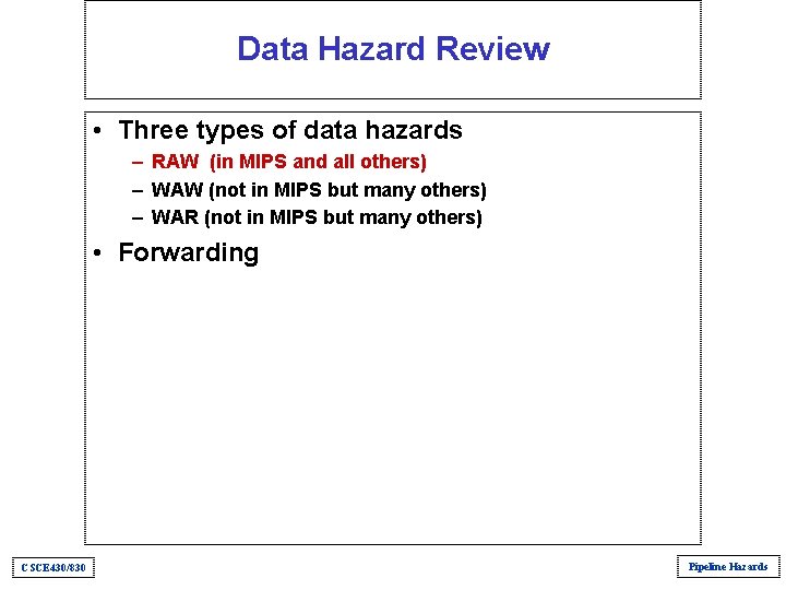Data Hazard Review • Three types of data hazards – RAW (in MIPS and Data Hazard Review • Three types of data hazards – RAW (in MIPS and