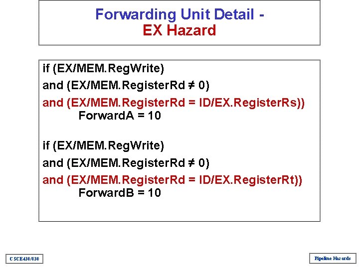 Forwarding Unit Detail EX Hazard if (EX/MEM. Reg. Write) and (EX/MEM. Register. Rd ≠ Forwarding Unit Detail EX Hazard if (EX/MEM. Reg. Write) and (EX/MEM. Register. Rd ≠