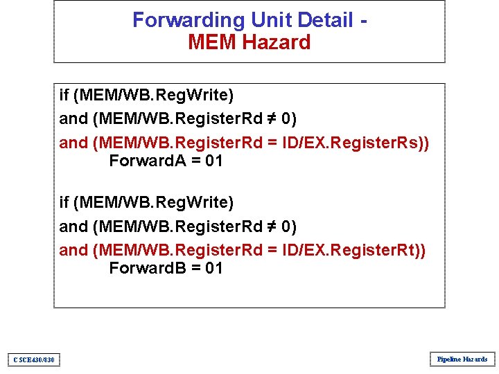 Forwarding Unit Detail MEM Hazard if (MEM/WB. Reg. Write) and (MEM/WB. Register. Rd ≠ Forwarding Unit Detail MEM Hazard if (MEM/WB. Reg. Write) and (MEM/WB. Register. Rd ≠