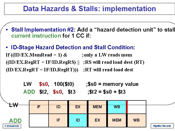 Data Hazards & Stalls: implementation • Stall Implementation #2: Add a “hazard detection unit” Data Hazards & Stalls: implementation • Stall Implementation #2: Add a “hazard detection unit”