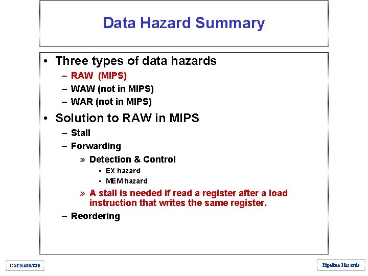 Data Hazard Summary • Three types of data hazards – RAW (MIPS) – WAW Data Hazard Summary • Three types of data hazards – RAW (MIPS) – WAW