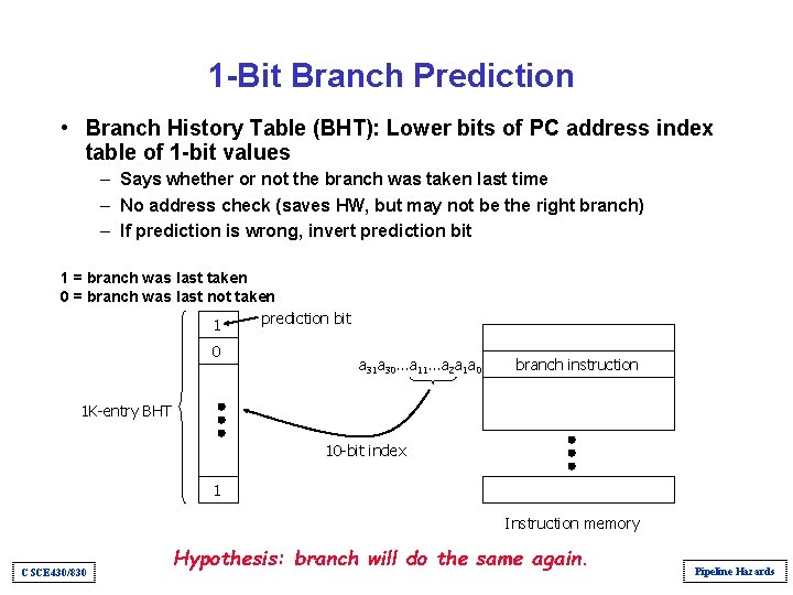 1 -Bit Branch Prediction • Branch History Table (BHT): Lower bits of PC address 1 -Bit Branch Prediction • Branch History Table (BHT): Lower bits of PC address