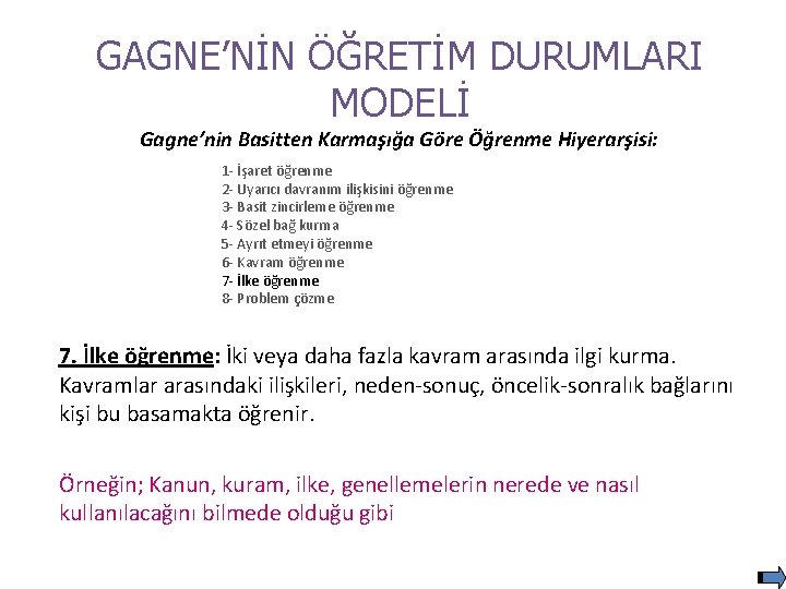 GAGNE’NİN ÖĞRETİM DURUMLARI MODELİ Gagne’nin Basitten Karmaşığa Göre Öğrenme Hiyerarşisi: 1 - İşaret öğrenme