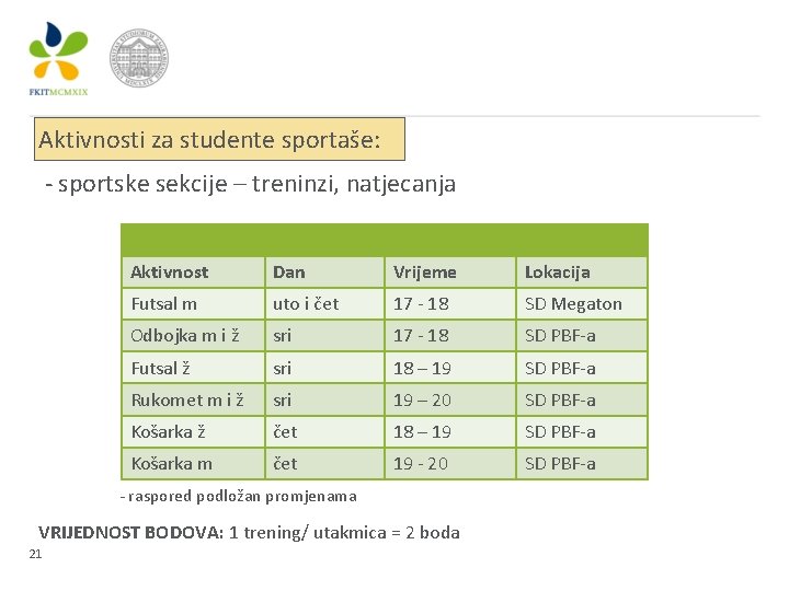 Aktivnosti za studente sportaše: - sportske sekcije – treninzi, natjecanja Trenin Aktivnost Dan Vrijeme