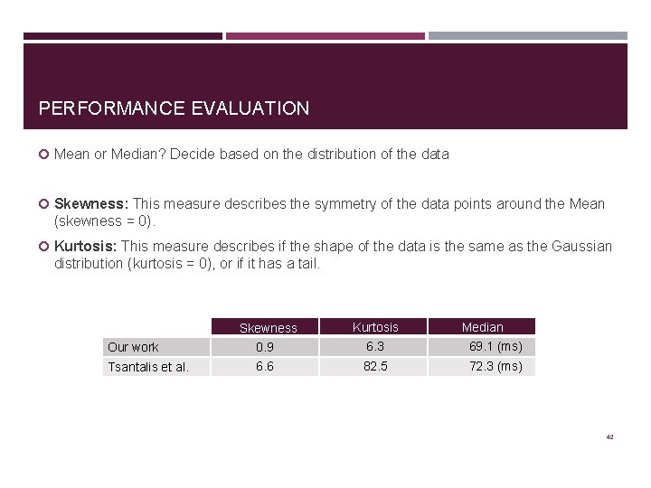 PERFORMANCE EVALUATION Mean or Median? Decide based on the distribution of the data Skewness: