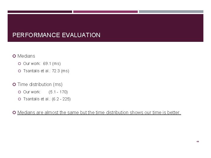 PERFORMANCE EVALUATION Medians Our work: 69. 1 (ms) Tsantalis et al. : 72. 3