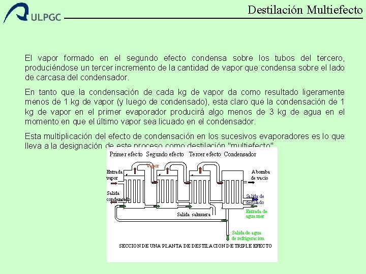 Destilación Multiefecto El vapor formado en el segundo efecto condensa sobre los tubos del