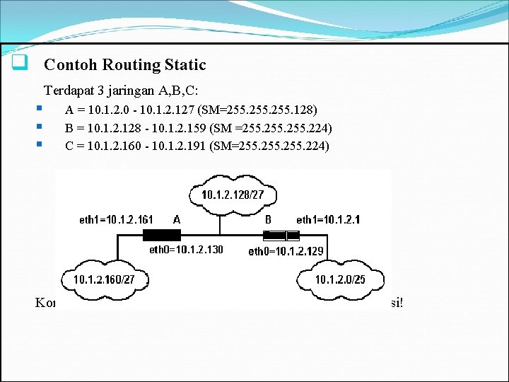 q Contoh Routing Static Terdapat 3 jaringan A, B, C: § § § A