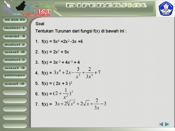 Soal Tentukan Turunan dari fungsi f(x) di bawah ini : 1. f(x) = 5