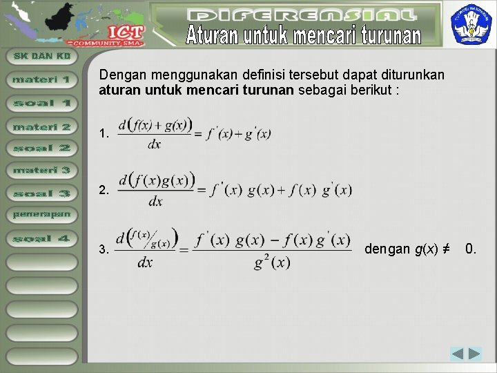 Dengan menggunakan definisi tersebut dapat diturunkan aturan untuk mencari turunan sebagai berikut : 1.