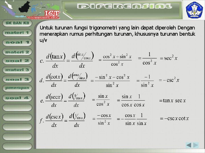 Untuk turunan fungsi trigonometri yang lain dapat diperoleh Dengan menerapkan rumus perhitungan turunan, khususnya