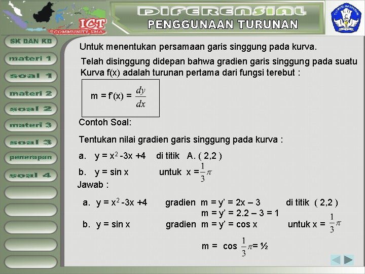 Untuk menentukan persamaan garis singgung pada kurva. Telah disinggung didepan bahwa gradien garis singgung