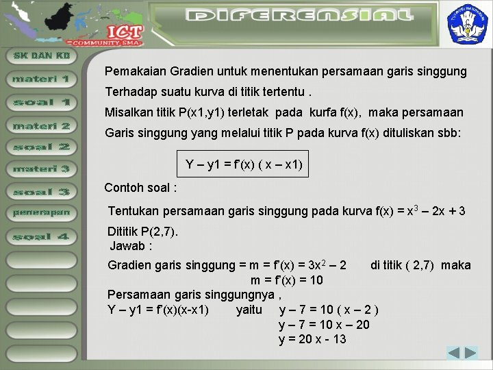 Pemakaian Gradien untuk menentukan persamaan garis singgung Terhadap suatu kurva di titik tertentu. Misalkan